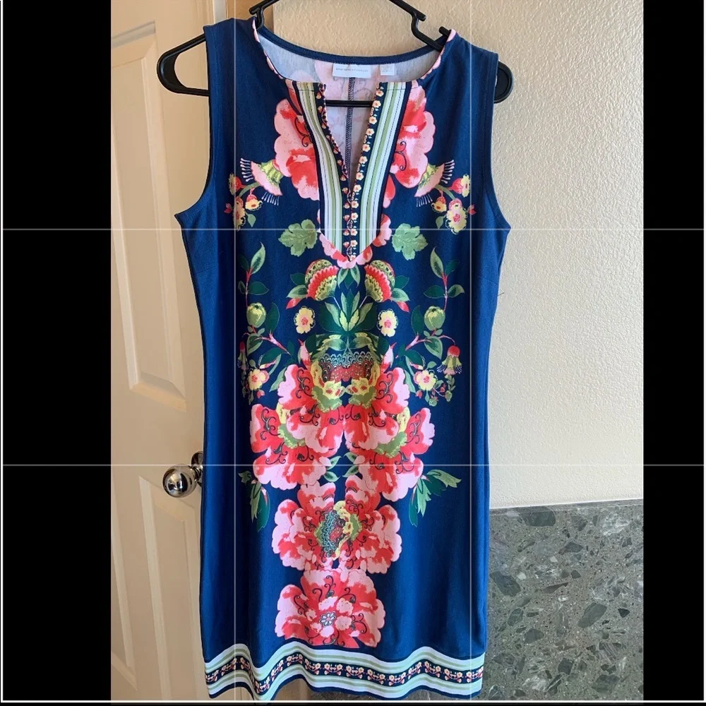 NY & Co Floral dress/tunic sleeveless sheath blue - Picture 4 of 8